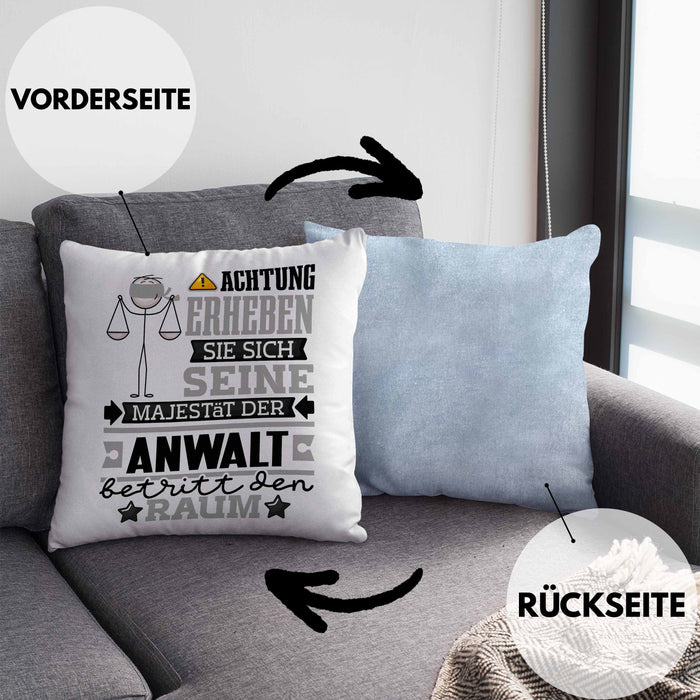 Anwalt Geschenk Kissen mit Füllung 40x40 Lustiger Spruch Erheben Sie Sich Der Anwalt Betritt den Raum (Grau) Blau Trendation