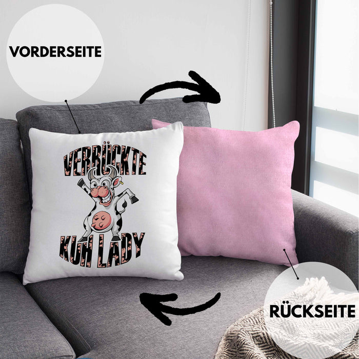 Lustige Kissen mit Füllung 40x40 Geschenk Frauen "Verrückte Kuhlady" Bauernhof Bäuerin (Grau) Rosa Trendation