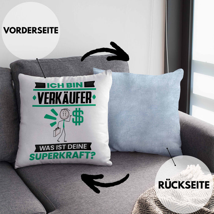 Verkäufer Kissen mit Füllung 40x40 Geschenk für Verkäufer Geburtstag Lustiger Spruch Was Ist Deine Superkraft (Grau) Blau Trendation