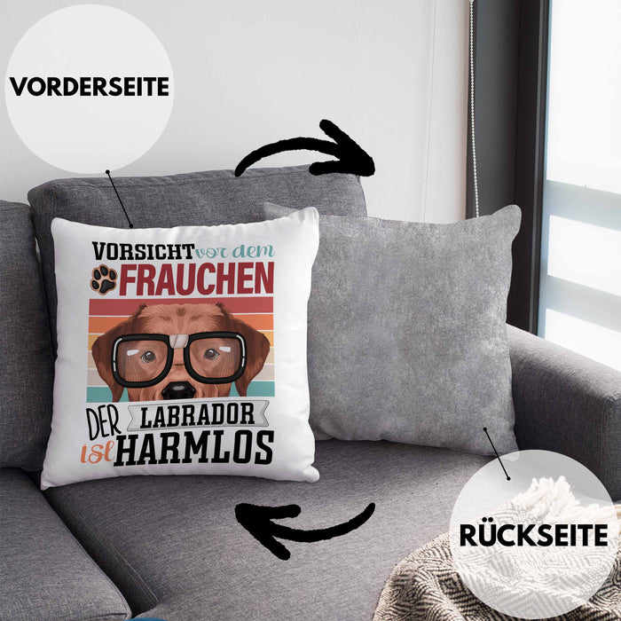 Labrador Besitzerin Frauchen Kissen mit Füllung 40x40 Geschenk Lustiger Spruch Geschenkidee Vorsicht Vor Dem Frauchen (Grau) Grau Trendation