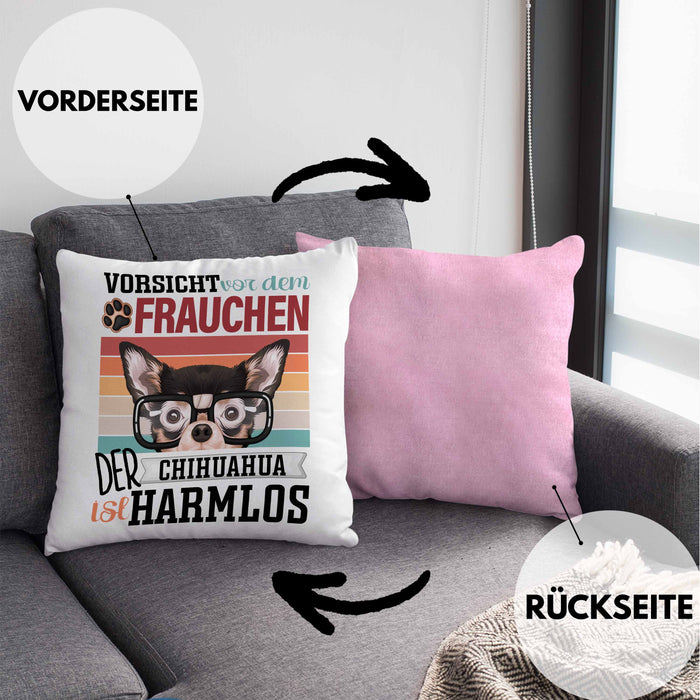 Chihuahua Besitzerin Frauchen Kissen mit Füllung 40x40 Geschenk Lustiger Spruch Geschenkidee Vorsicht Vor Dem Frauchen (Grau) Rosa Trendation
