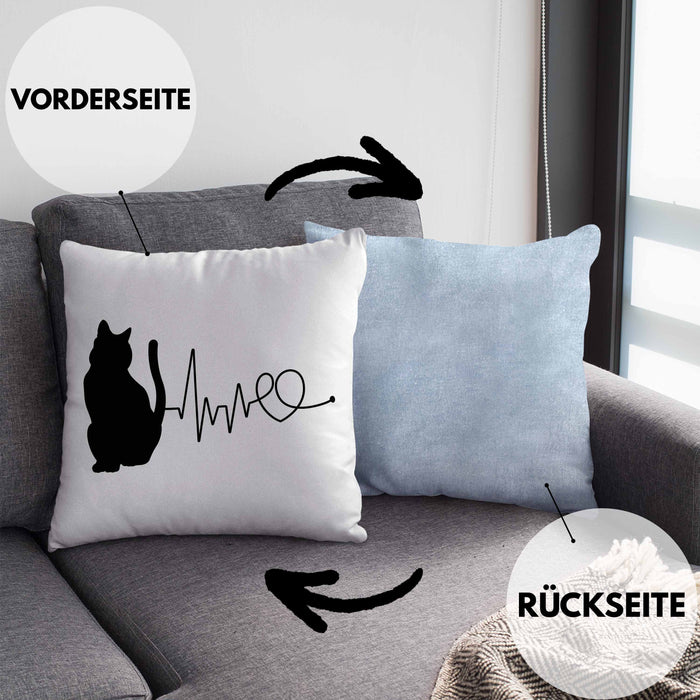 Katze Herzschlag Kissen mit Füllung 40x40 Geschenk für Katzenbesitzerin (Grau) Blau Trendation