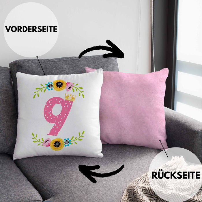 9. Geburtstag Mädchen Kissen mit Füllung 40x40 Geschenk zum Neunten Geburtsagsparty Grafik Krone 9 Jahre Alt (Grau) Rosa Trendation