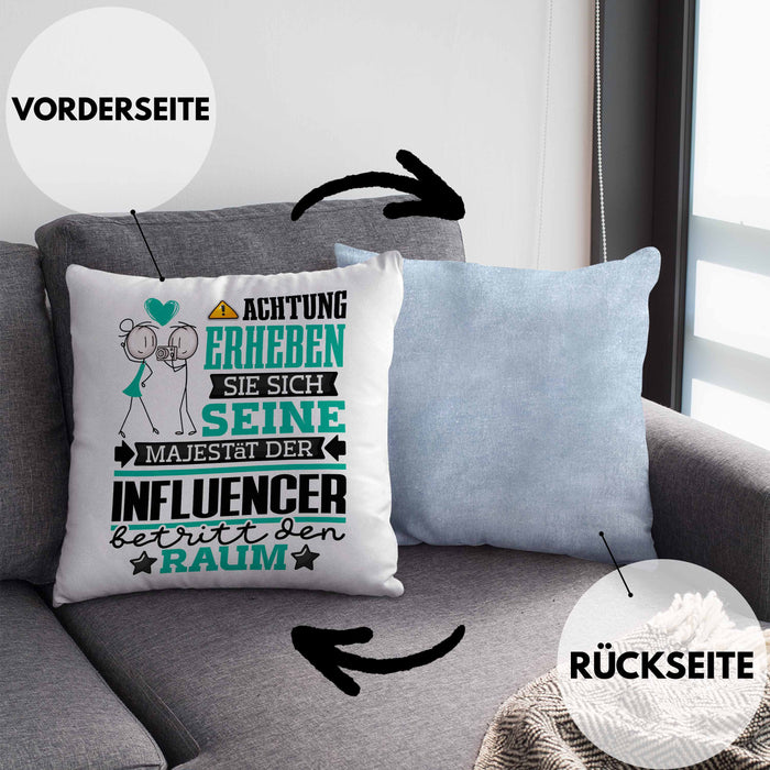 Influencer Geschenk Kissen mit Füllung 40x40 Lustiger Spruch Erheben Sie Sich Der Influencer Betritt den Raum (Grau) Blau Trendation