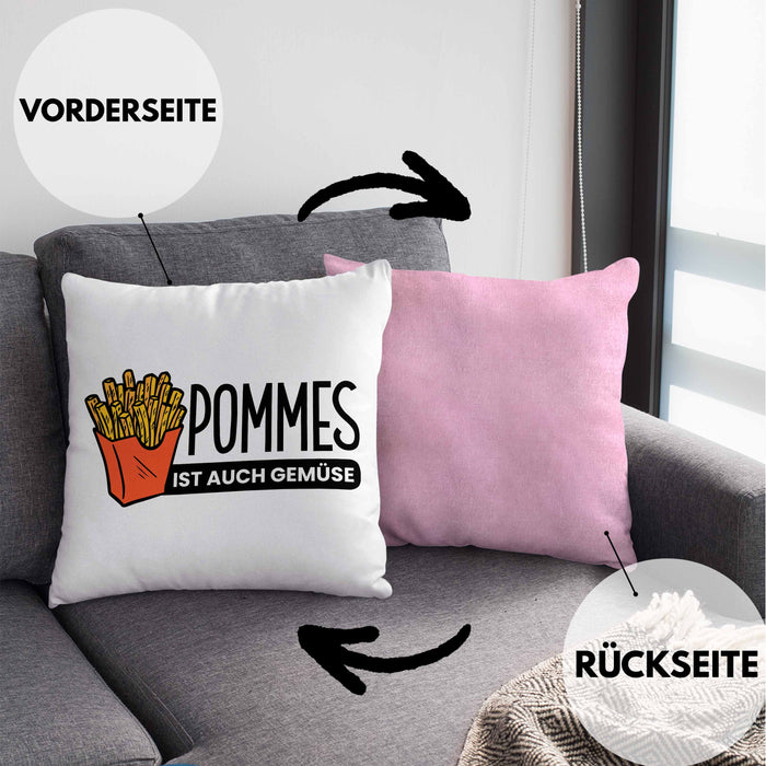 Lustige Kissen mit Füllung 40x40 mit Spruch "Pommes Ist Auch Gemüse" Pommes-Liebhaber (Grau) Rosa Trendation