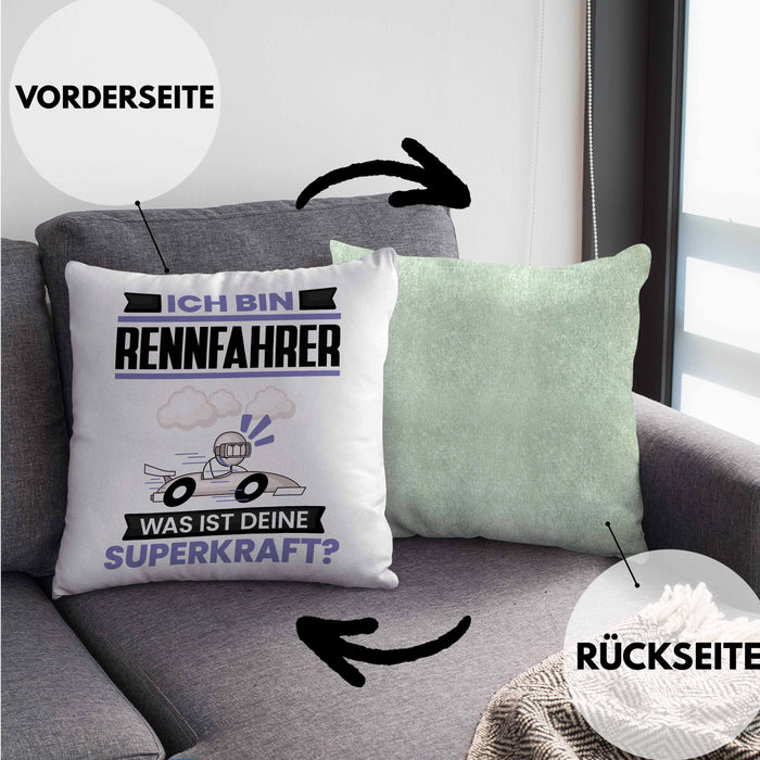Rennfahrer Kissen mit Füllung 40x40 Geschenk für Rennfahrer Geburtstag Lustiger Spruch Was Ist Deine Superkraft (Grau) Grün Trendation