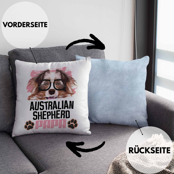 Australian Shepherd Papa Besitzer Kissen mit Füllung 40x40 Geschenk Lustiger Spruch Geschenkidee Australian Shepherd Liebhaber (Grau) Blau Trendation