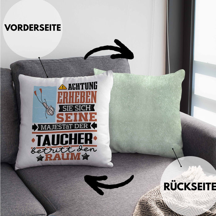 Taucher Geschenk Kissen mit Füllung 40x40 Lustiger Spruch Erheben Sie Sich Der Taucher Betritt den Raum (Grau) Grün Trendation