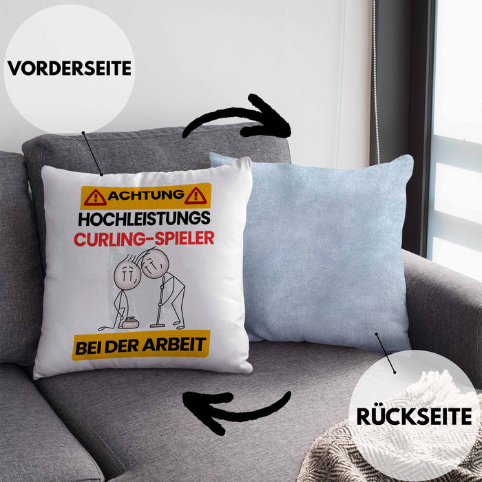 Curling-Spieler Kissen mit Füllung 40x40 Geschenk Lustiger Spruch Geschenkidee für Curling-Spieler Achtung Hochleistungs Curling-Spieler Bei Der Arbeit (Grau) Blau Trendation