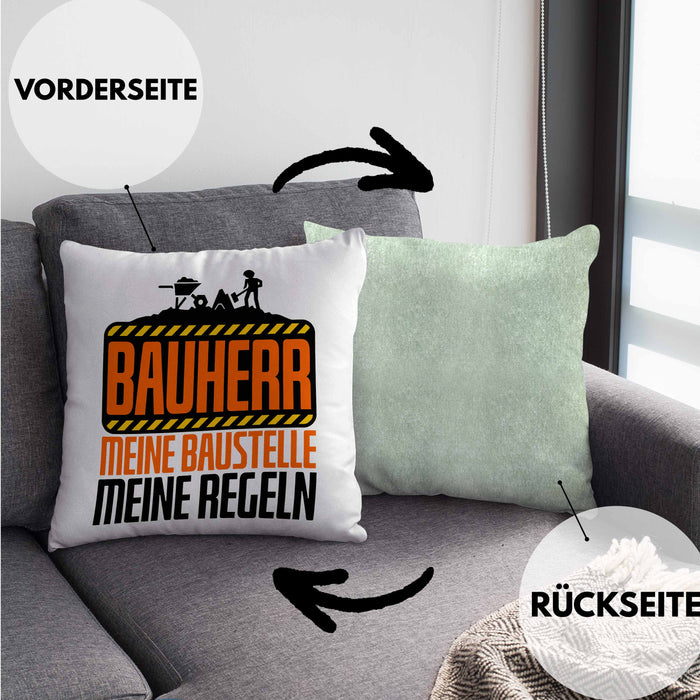 Bauherr Kissen mit Füllung 40x40 "Meine Baustelle, Meine Regeln" Lustiges Geschenk für Bauherren (Grau) Grün Trendation