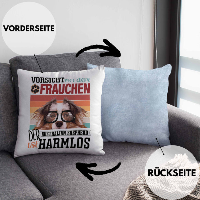 Australian Shepherd Besitzerin Frauchen Kissen mit Füllung 40x40 Geschenk Lustiger Spruch Geschenkidee Vorsicht Vor Dem Frauchen (Grau) Blau Trendation