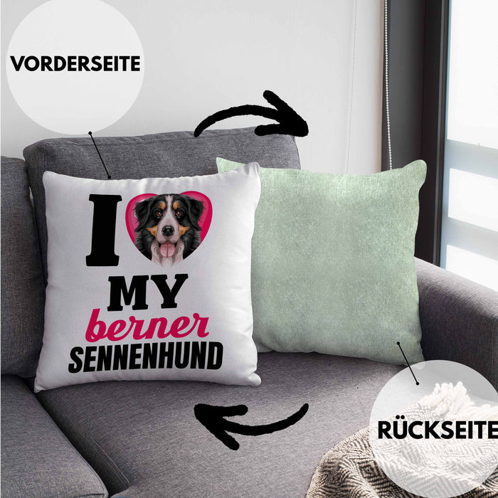Berner Sennen Besitzerin Kissen mit Füllung 40x40 Geschenk Lustiger Spruch Geschenkidee I Love My Berner Sennen (Grau) Grün Trendation