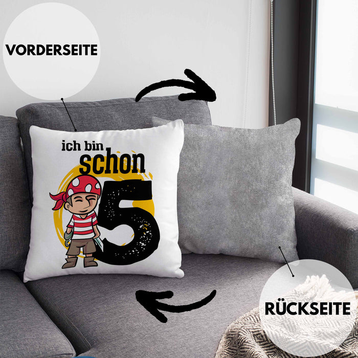 5ter Geburtstag Geschenkidee für Jungs Piraten-Kissen mit Füllung 40x40 zum 5. Geburtstag (Grau) Grau Trendation