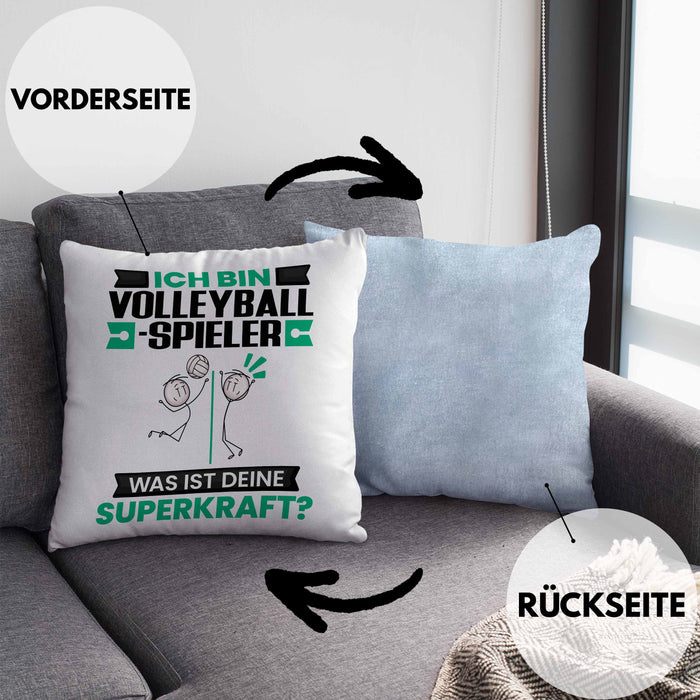 Volleyballspieler Kissen mit Füllung 40x40 Geschenk für Volleyballspieler Geburtstag Lustiger Spruch Was Ist Deine Superkraft (Grau) Blau Trendation
