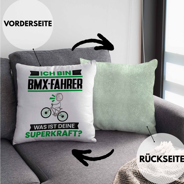 BMX-Fahrer Kissen mit Füllung 40x40 Geschenk für BMX-Fahrer Geburtstag Lustiger Spruch Was Ist Deine Superkraft (Grau) Grün Trendation
