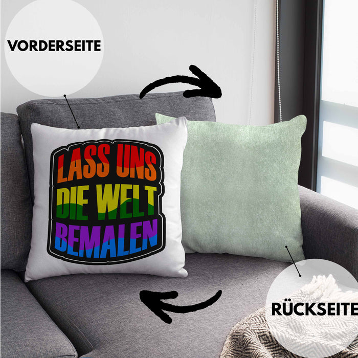 Geschenkidee LGBT Kissen mit Füllung 40x40 "Lass uns die Welt Bemalen" Regenbogenfarben (Grau) Grün Trendation