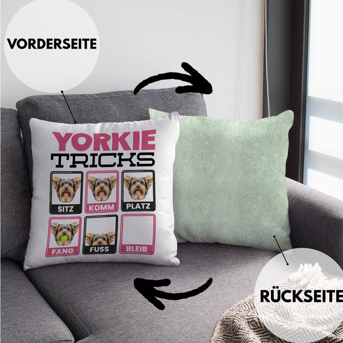 Yorkie Besitzer Kissen mit Füllung 40x40 Geschenk Lustiger Spruch Geschenkidee Yorkie Tricks Bleib (Grau) Grün Trendation