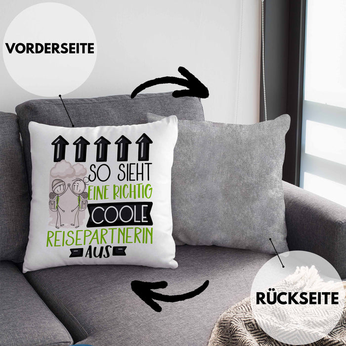 Reisepartnerin Geschenk Kissen mit Füllung 40x40 Lustig Geschenkidee für Reisepartnerin Geburtstag So Sieht Eine Richtig Coole Reisepartnerin Aus Frauen Spruch (Grau) Grau Trendation