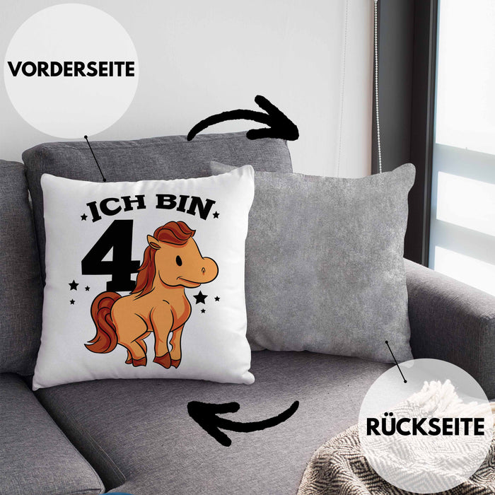 Lustige Kissen mit Füllung 40x40 4. Geburtstag für Mädchen Pferde-Motiv Pferdefans Reiterin (Grau) Grau Trendation
