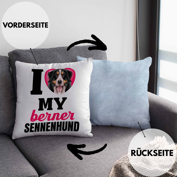 Berner Sennen Besitzerin Kissen mit Füllung 40x40 Geschenk Lustiger Spruch Geschenkidee I Love My Berner Sennen (Grau) Blau Trendation