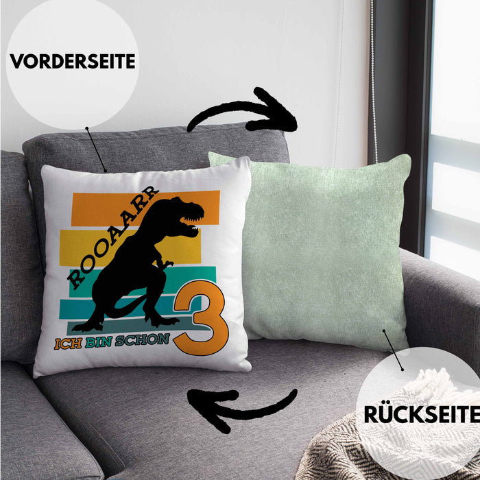 3. Geburtstag Jungs Dinosaurier Kissen mit Füllung 40x40 3er Geburtstag (Grau) Grün Trendation