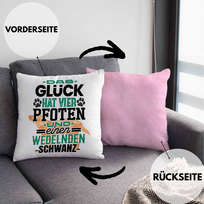 Hundebesitzer Kissen mit Füllung 40x40 Geschenk Glück Hat 4 Pfoten und Wedelnden Schwanz Geschenkidee Hunde Mama Frauchen Herrchen (Grau) Rosa Trendation