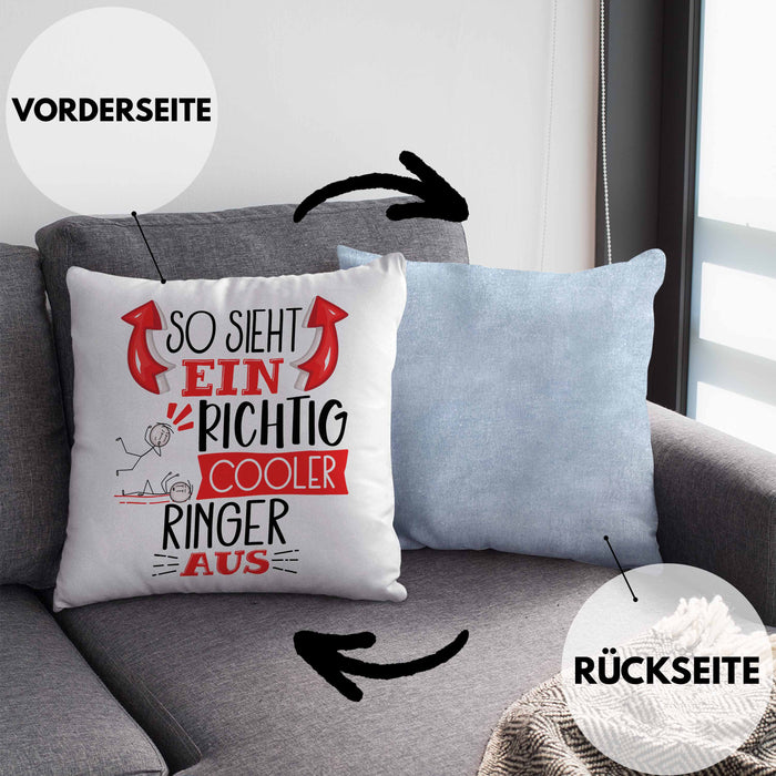 Ringer Kissen mit Füllung 40x40 Geschenk So Sieht Ein Richtig Cooler Ringer Aus Geschenkidee Spruch Lustig (Grau) Blau Trendation