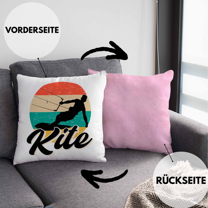 Kitesurfing Kissen mit Füllung 40x40 Geschenk für Kitesurfer Geschenkidee Vintage Grafik (Grau) Rosa Trendation