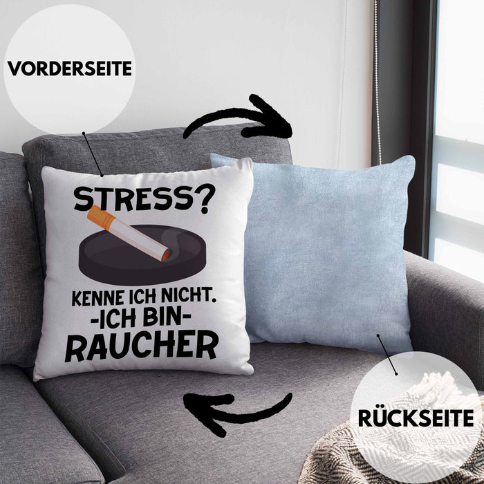 Raucher Geschenk Kissen mit Füllung 40x40 Spruch Stress? Kenne Ich Nicht Ich Bin Raucher Geschenkidee Zigaretten (Grau) Blau Trendation