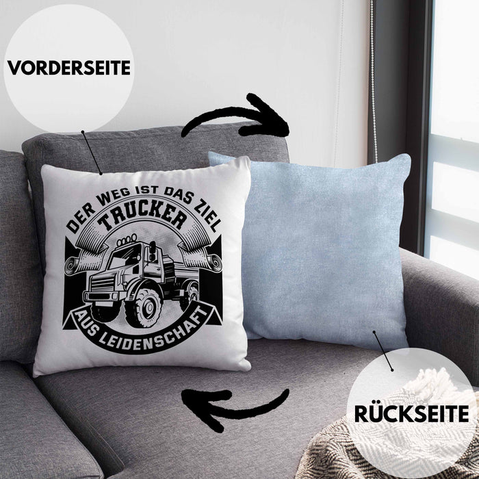Trucker Geschenk Kissen mit Füllung 40x40 Der Weg Ist Das Ziel Trucker LKW Fahrer Geschenkidee (Grau) Blau Trendation