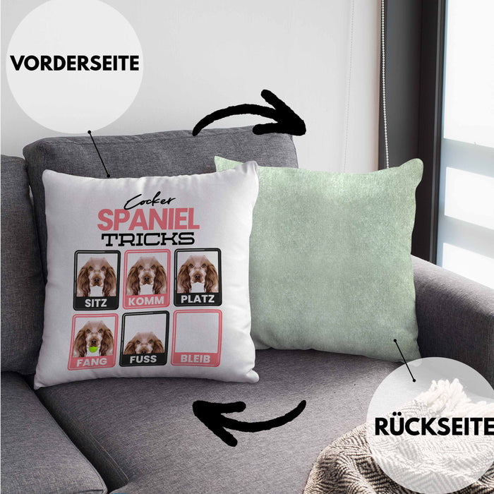 Cocker Spaniel Besitzer Kissen mit Füllung 40x40 Geschenk Lustiger Spruch Geschenkidee Cocker Spaniel Tricks Bleib (Grau) Grün Trendation