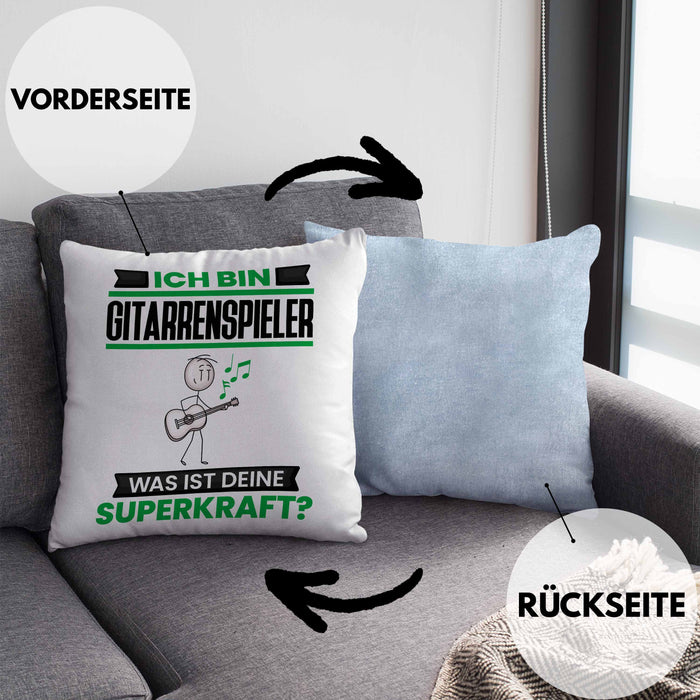 Gitarrenspieler Kissen mit Füllung 40x40 Geschenk für Gitarrenspieler Geburtstag Lustiger Spruch Was Ist Deine Superkraft (Grau) Blau Trendation