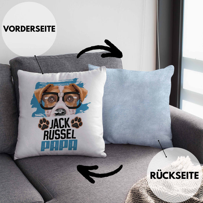 Jack Russell Papa Besitzer Kissen mit Füllung 40x40 Geschenk Lustiger Spruch Geschenkidee Jack Russell Liebhaber (Grau) Blau Trendation
