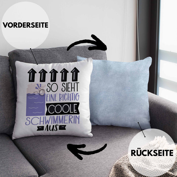Schwimmerin Geschenk Kissen mit Füllung 40x40 Lustig Geschenkidee für Schwimmerin Geburtstag So Sieht Eine Richtig Coole Schwimmerin Aus Frauen Spruch (Grau) Blau Trendation