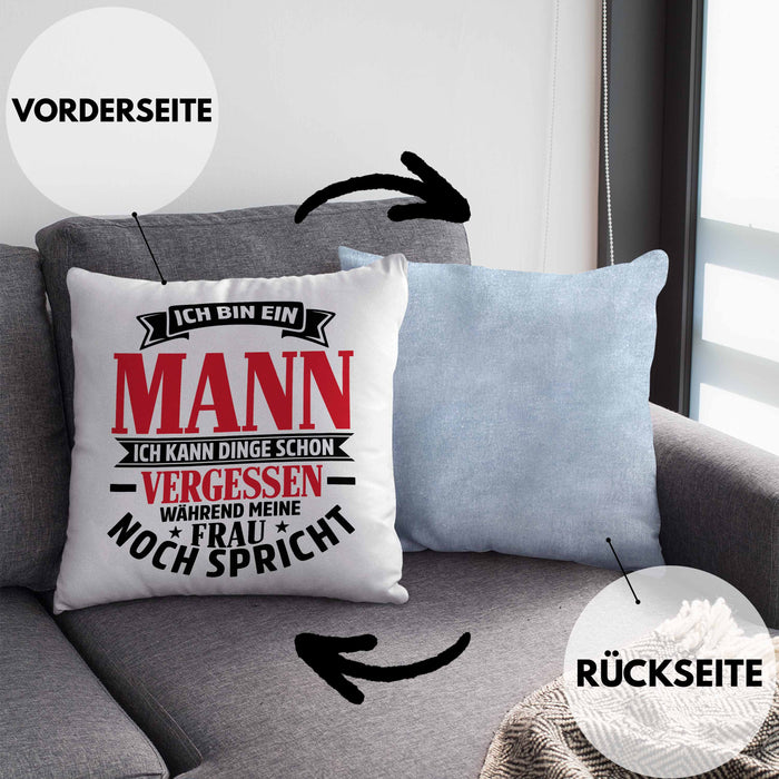 Ehemann Kissen mit Füllung 40x40 Geschenk Ich Bin Ein Mann Ich Kann Dinge Schon Vergessen Geschenk Von Ehefrau (Grau) Blau Trendation