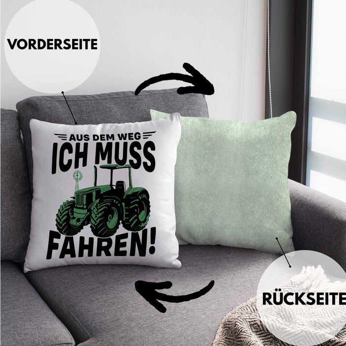 Traktor Trekker Kissen mit Füllung 40x40 Geschenk Landwirt Bauer Geschenkidee Kinder Aus Dem Weg Ich Muss Traktor Fahren (Grau) Grün Trendation