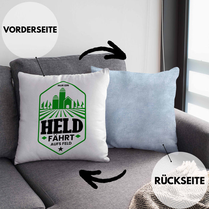Lustige Kissen mit Füllung 40x40 für Landwirte Bauern Geschenk Spruch Nur Ein Held Fährt Aufs Feld (Grau) Blau Trendation