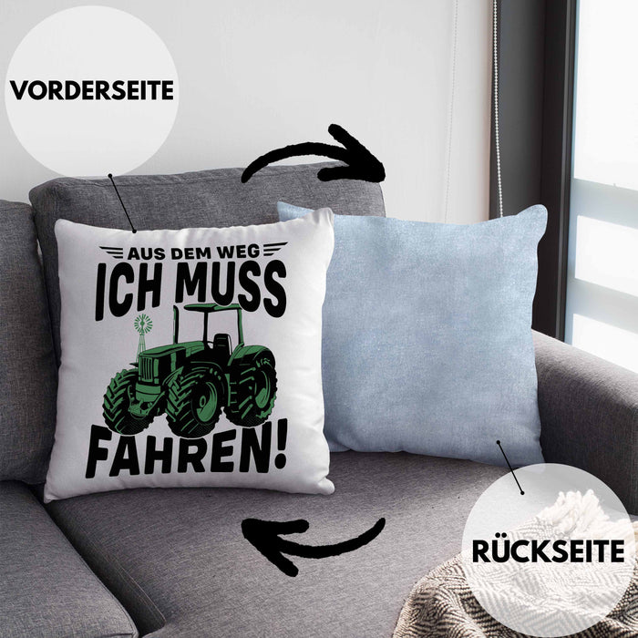 Traktor Trekker Kissen mit Füllung 40x40 Geschenk Landwirt Bauer Geschenkidee Kinder Aus Dem Weg Ich Muss Traktor Fahren (Grau) Blau Trendation