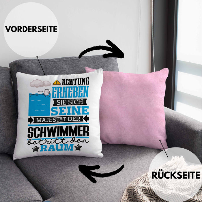Schwimmer Geschenk Kissen mit Füllung 40x40 Lustiger Spruch Erheben Sie Sich Der Schwimmer Betritt den Raum (Grau) Rosa Trendation