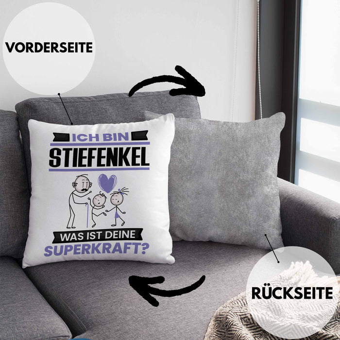 Stiefenkel Kissen mit Füllung 40x40 Geschenk für Stiefenkel Geburtstag Lustiger Spruch Was Ist Deine Superkraft (Grau) Grau Trendation