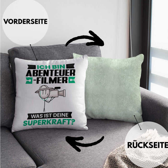 Abenteuerfilmer Kissen mit Füllung 40x40 Geschenk für Abenteuerfilmer Geburtstag Lustiger Spruch Was Ist Deine Superkraft (Grau) Grün Trendation
