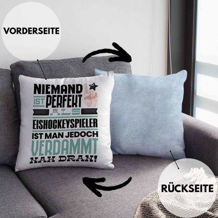 Eishockeyspieler Geschenk Kissen mit Füllung 40x40 Lustige Geschenkidee für Eishockeyspieler Geburtstag Niemand Ist Perfekt Aber Als Eishockeyspieler Ist Man Nah Dran (Grau) Blau Trendation