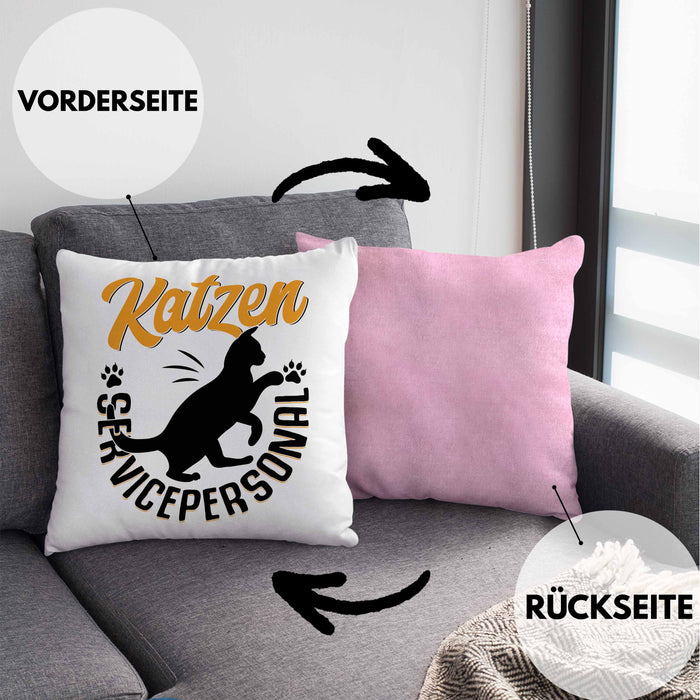 Katzen Geschenk Kissen mit Füllung 40x40 Katzen-Besitzerin Kaffee Katzen Servicepersonal Geschenkidee (Grau) Rosa Trendation