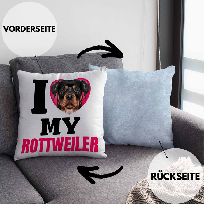 Rottweiler Besitzerin Kissen mit Füllung 40x40 Geschenk Lustiger Spruch Geschenkidee I Love My Rottweiler (Grau) Blau Trendation