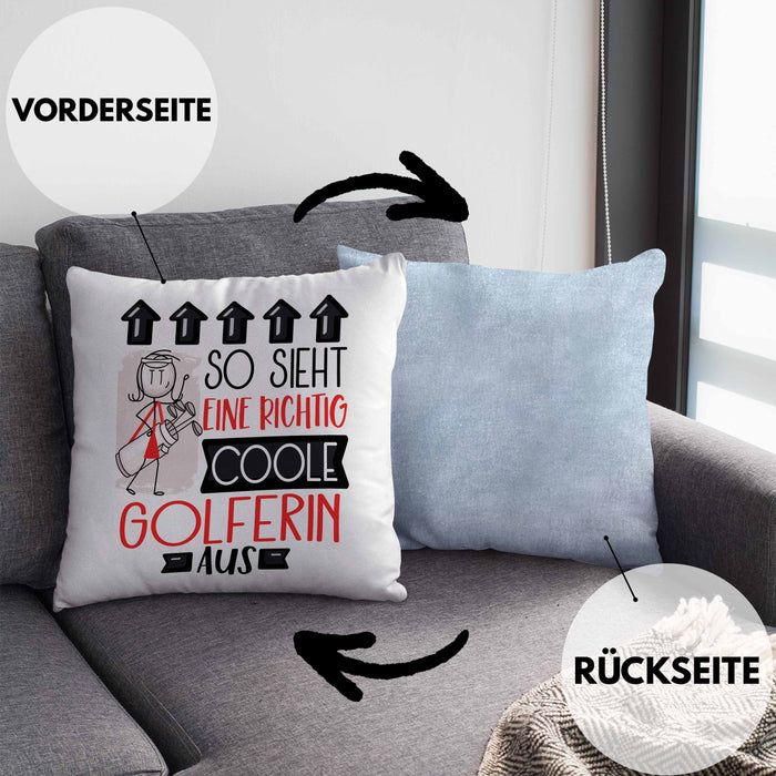 Golferin Geschenk Kissen mit Füllung 40x40 Lustig Geschenkidee für Golferin Geburtstag So Sieht Eine Richtig Coole Golferin Aus Frauen Spruch (Grau) Blau Trendation