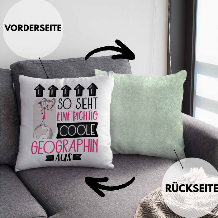Geographin Geschenk Kissen mit Füllung 40x40 Geschenkidee für Geographin Geburtstag Weihnachten Spruch So Sieht Eine Richtig Coole Geographin Aus (Grau) Grün Trendation