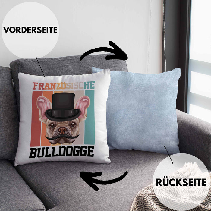 Französische Bulldogge Besitzer Kissen mit Füllung 40x40 Geschenk Lustiger Spruch Geschenkidee Retro Vinatge Französische Bulldogge (Grau) Blau Trendation