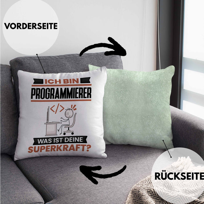 Programmierer Kissen mit Füllung 40x40 Geschenk für Programmierer Geburtstag Lustiger Spruch Was Ist Deine Superkraft (Grau) Grün Trendation