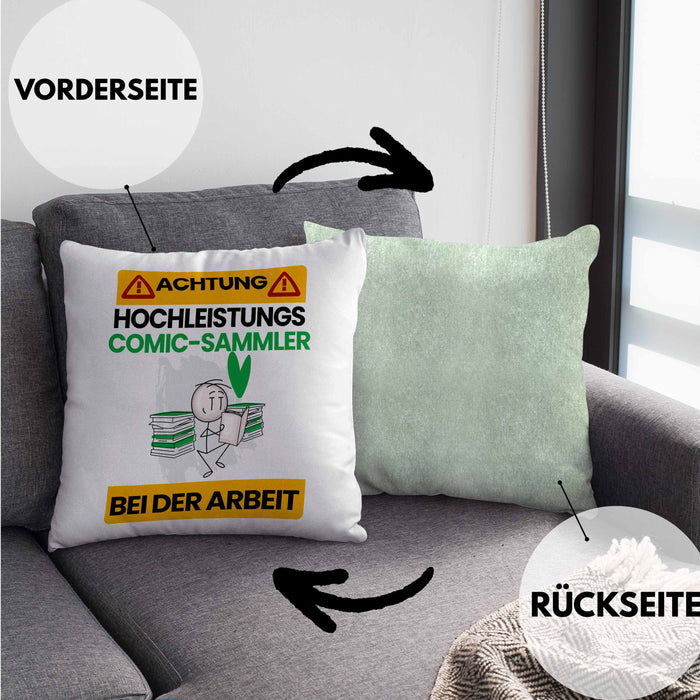 Comic-Sammler Kissen mit Füllung 40x40 Geschenk Lustiger Spruch Geschenkidee für Comic-Sammler Achtung Hochleistungs Comic-Sammler Bei Der Arbeit (Grau) Grün Trendation