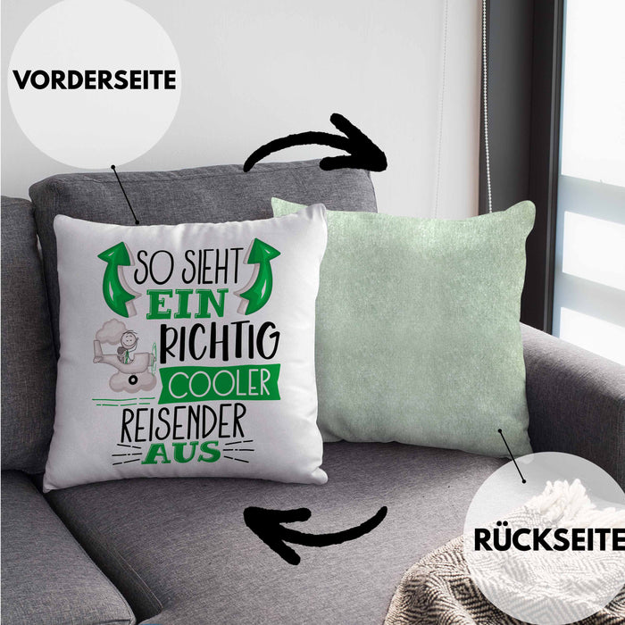 So Sieht Ein Richtig Cooler Reisender Aus Geschenk Kissen mit Füllung 40x40 Lustiger Spruch Geschenkidee (Grau) Grün Trendation